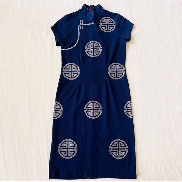 Womens Dress Short Shortsleeve High Neck Navy Asian Sparkly Party Fashion Small - Picture 1 of 4